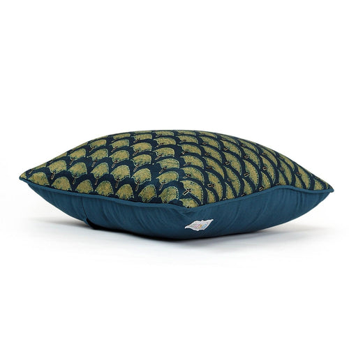 Blue & Green Floral Blockprint Mashru Silk Cushion Cover-Cushion Covers-House of Ekam