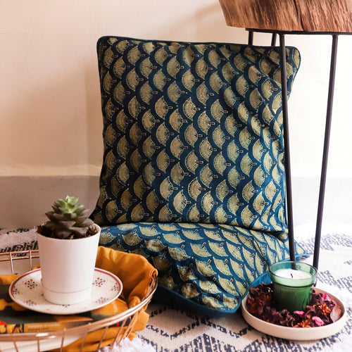 Blue & Green Floral Blockprint Mashru Silk Cushion Cover-Cushion Covers-House of Ekam