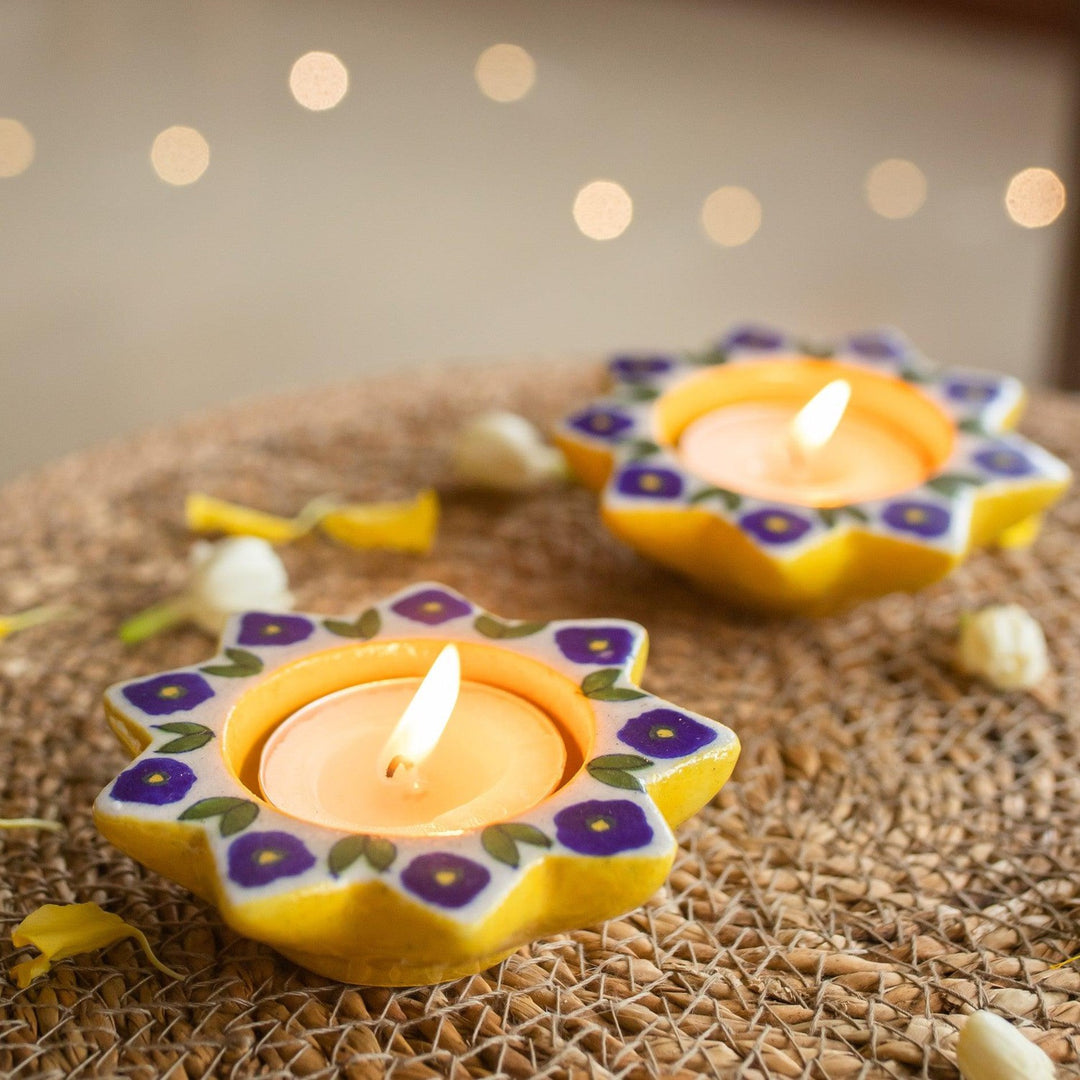Blue &amp; Green Sunflower Blue Pottery Diya Set of 2-diyas-House of Ekam