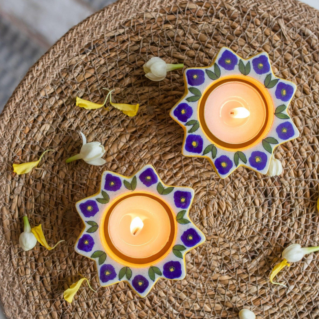 Blue &amp; Green Sunflower Blue Pottery Diya Set of 2-diyas-House of Ekam