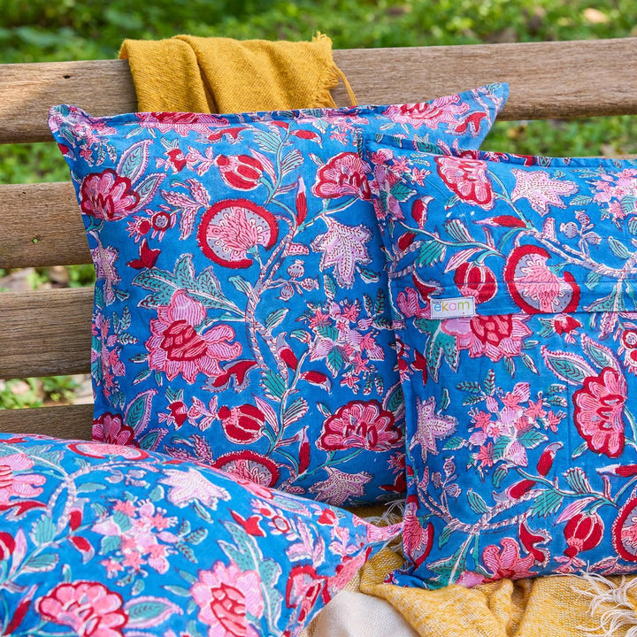 Blue Gulnaar Blockprint Cushion Cover-Cushion Covers-House of Ekam