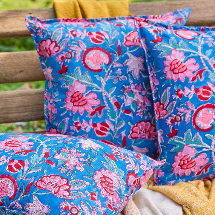 Blue Gulnaar Blockprint Cushion Cover-Cushion Covers-House of Ekam