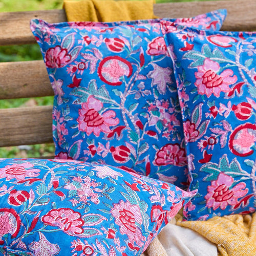 Blue Gulnaar Blockprint Cushion Cover-Cushion Covers-House of Ekam