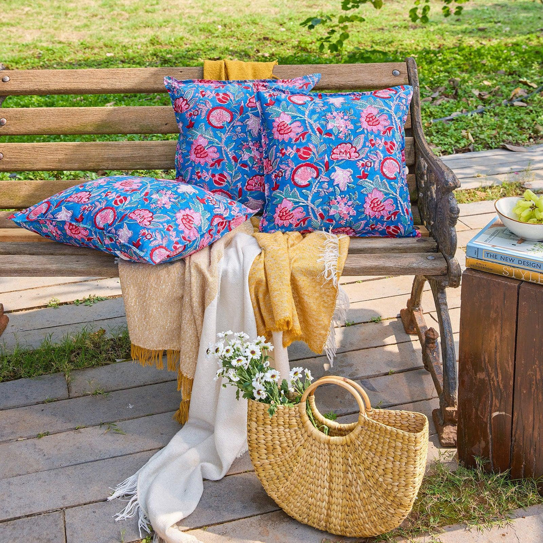Blue Gulnaar Blockprint Cushion Cover-Cushion Covers-House of Ekam