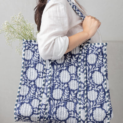 Blue Leela Blockprinted Tote Bag-Tote Bag-House of Ekam