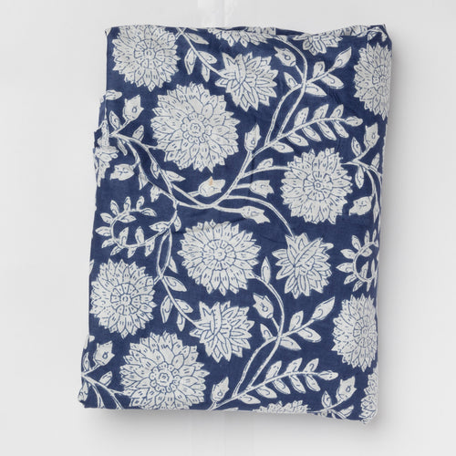 Blue Leela Floral Screenprinted Cotton Fabric-fabric-House of Ekam