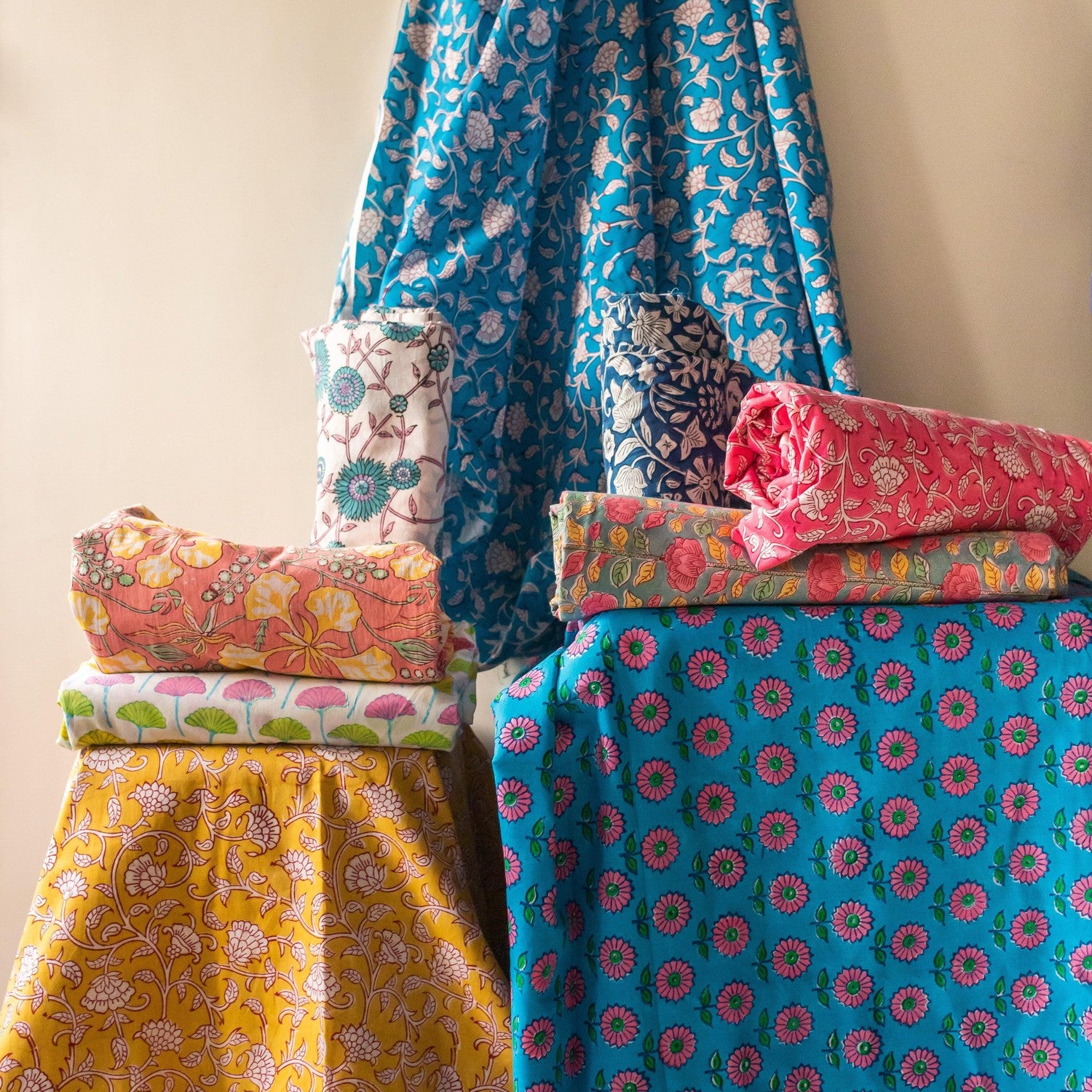 Blue Phool Jaal Cotton Floral Block Printed Fabric Material