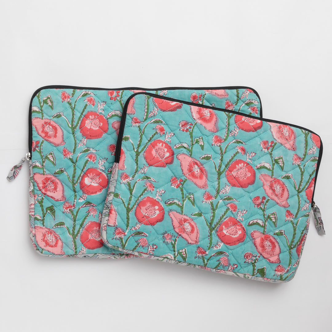 Blue &amp; Pink Floral Jaal Hand Blockprinted Laptop Sleeve-Laptop Sleeves-House of Ekam