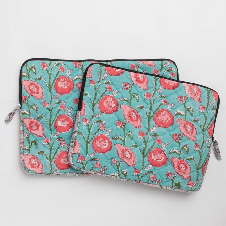 Blue &amp; Pink Floral Jaal Hand Blockprinted Laptop Sleeve-Laptop Sleeves-House of Ekam