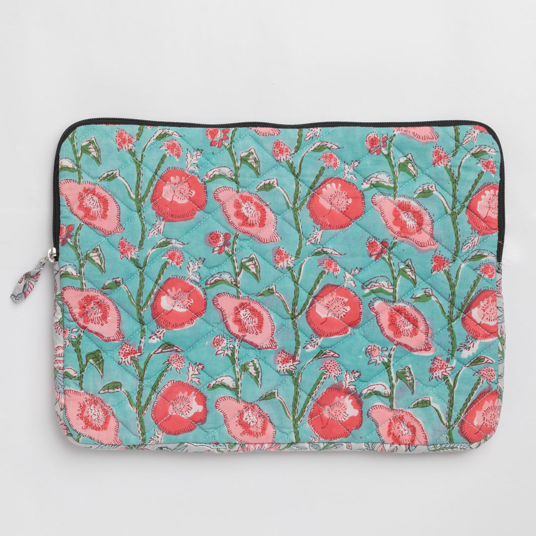 Blue &amp; Pink Floral Jaal Hand Blockprinted Laptop Sleeve-Laptop Sleeves-House of Ekam