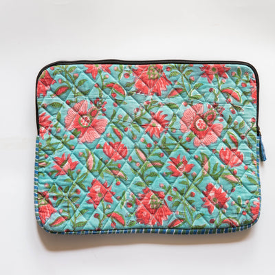 Blue & Pink Floral Jaal Hand Blockprinted Laptop Sleeve-Laptop Sleeves-House of Ekam
