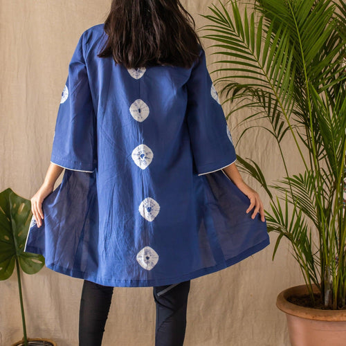 Blue Polka Shibori Front Open Shrug-Shrugs-House of Ekam