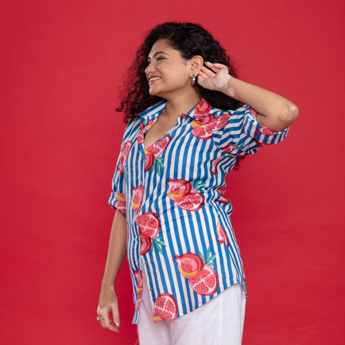 Blue Pomegranate Stripe Cotton Shirt-Shirts-House of Ekam