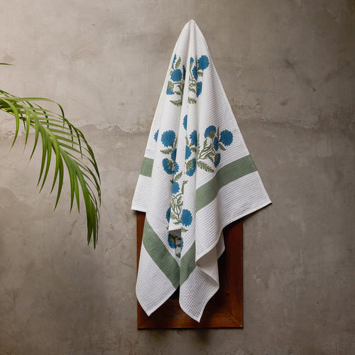 Blue Poppy Blockprint Bath/Hand/Face Waffle Towel-bath towels-House of Ekam