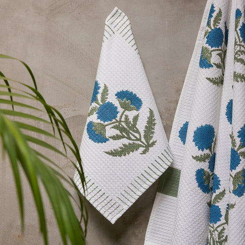 Blue Poppy Blockprint Bath/Hand/Face Waffle Towel-bath towels-House of Ekam