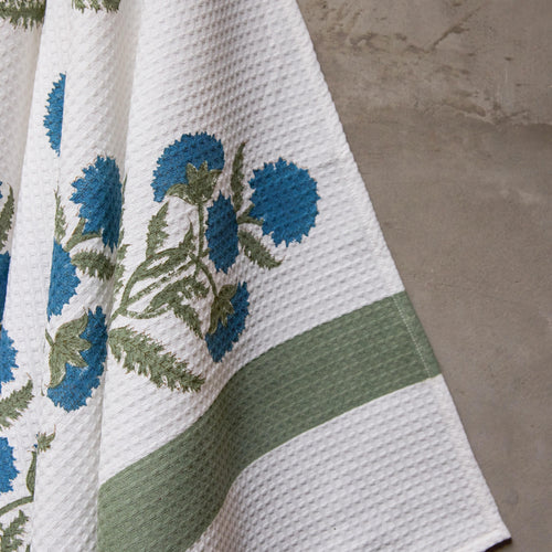 Blue Poppy Blockprint Bath/Hand/Face Waffle Towel-bath towels-House of Ekam