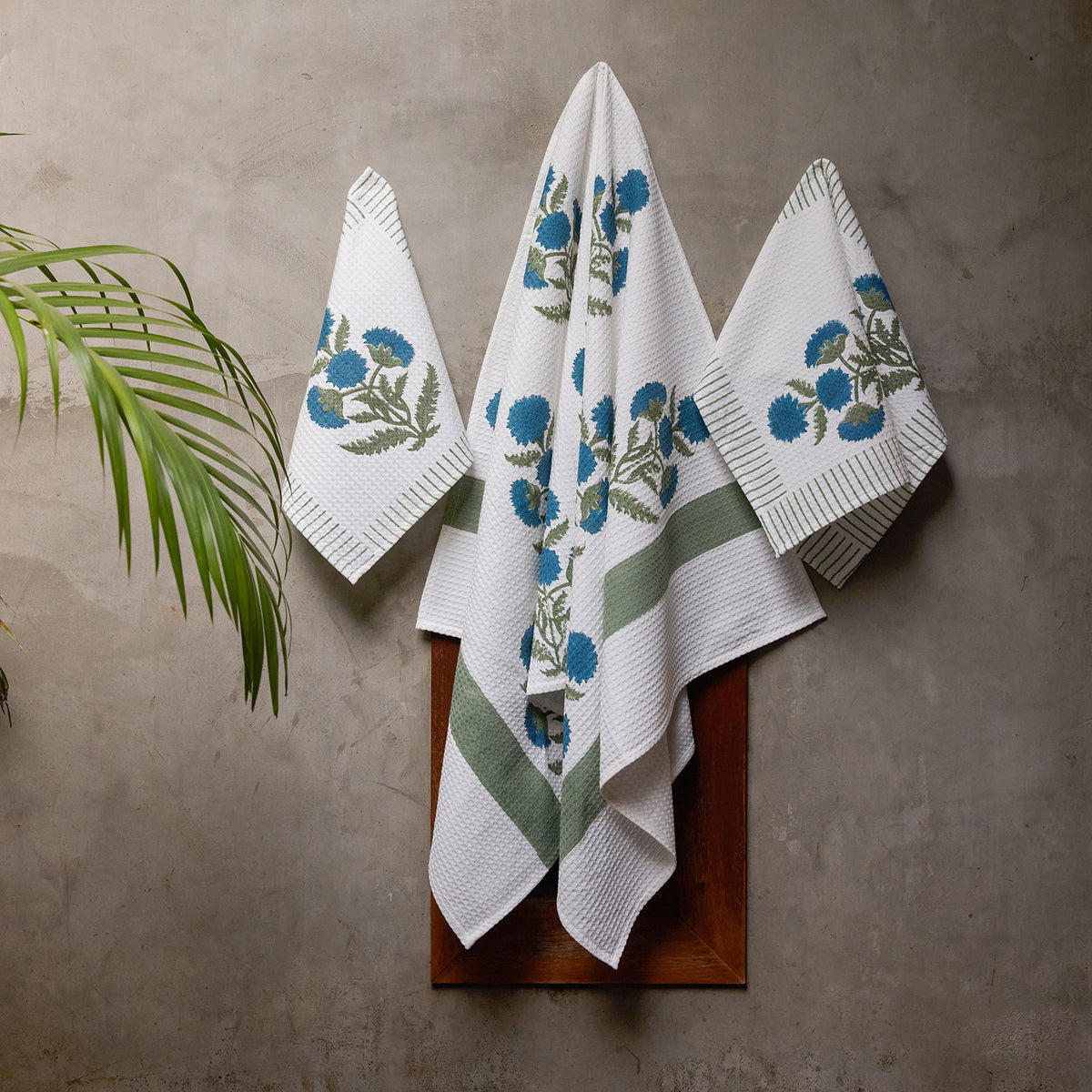 Blue Poppy Blockprint Bath/Hand/Face Waffle Towel-bath towels-House of Ekam