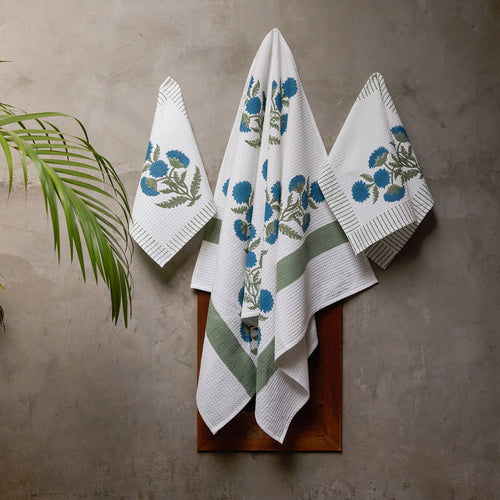 Blue Poppy Blockprint Bath/Hand/Face Waffle Towel-bath towels-House of Ekam