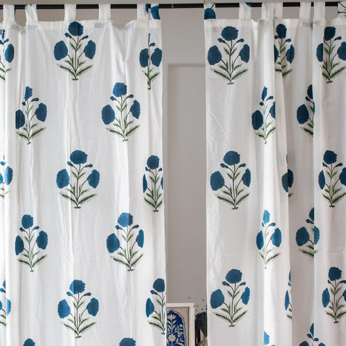 Blue Poppy Cotton Sheer Curtain-Curtains-House of Ekam