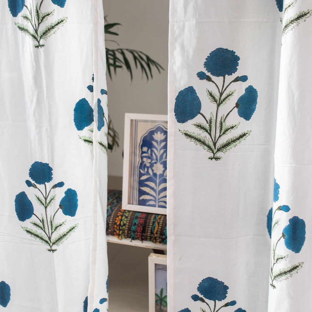 Blue Poppy Cotton Sheer Curtain-Curtains-House of Ekam