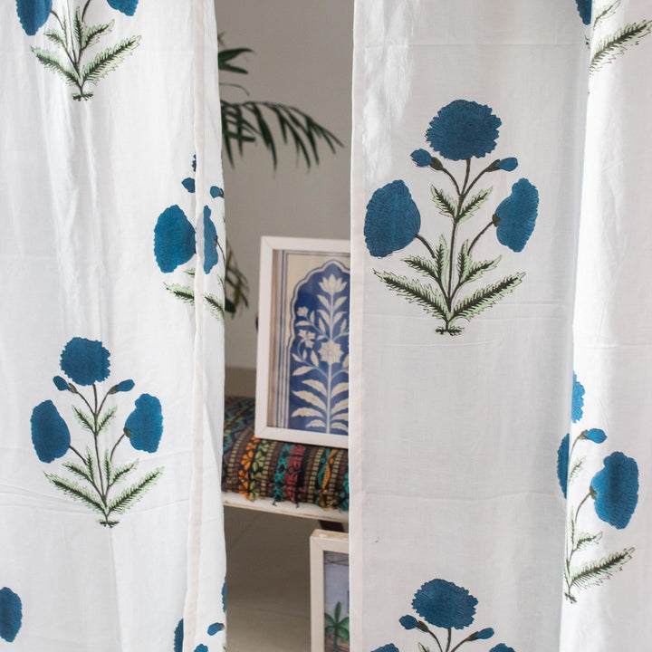 Blue Poppy Cotton Sheer Curtain-Curtains-House of Ekam