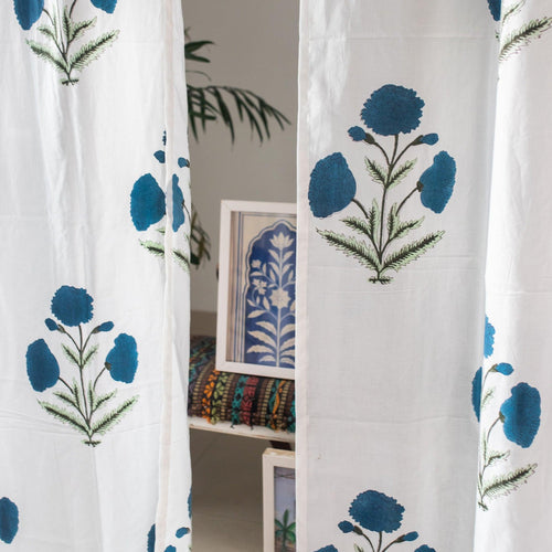 Blue Poppy Cotton Sheer Curtain-Curtains-House of Ekam