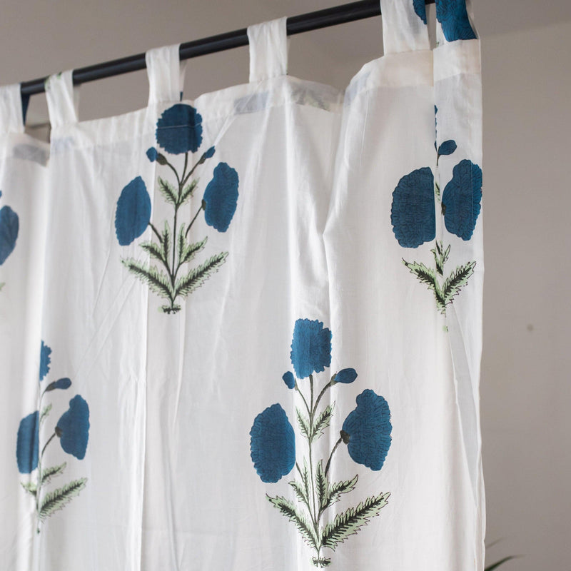 Blue Poppy Cotton Sheer Curtain-Curtains-House of Ekam