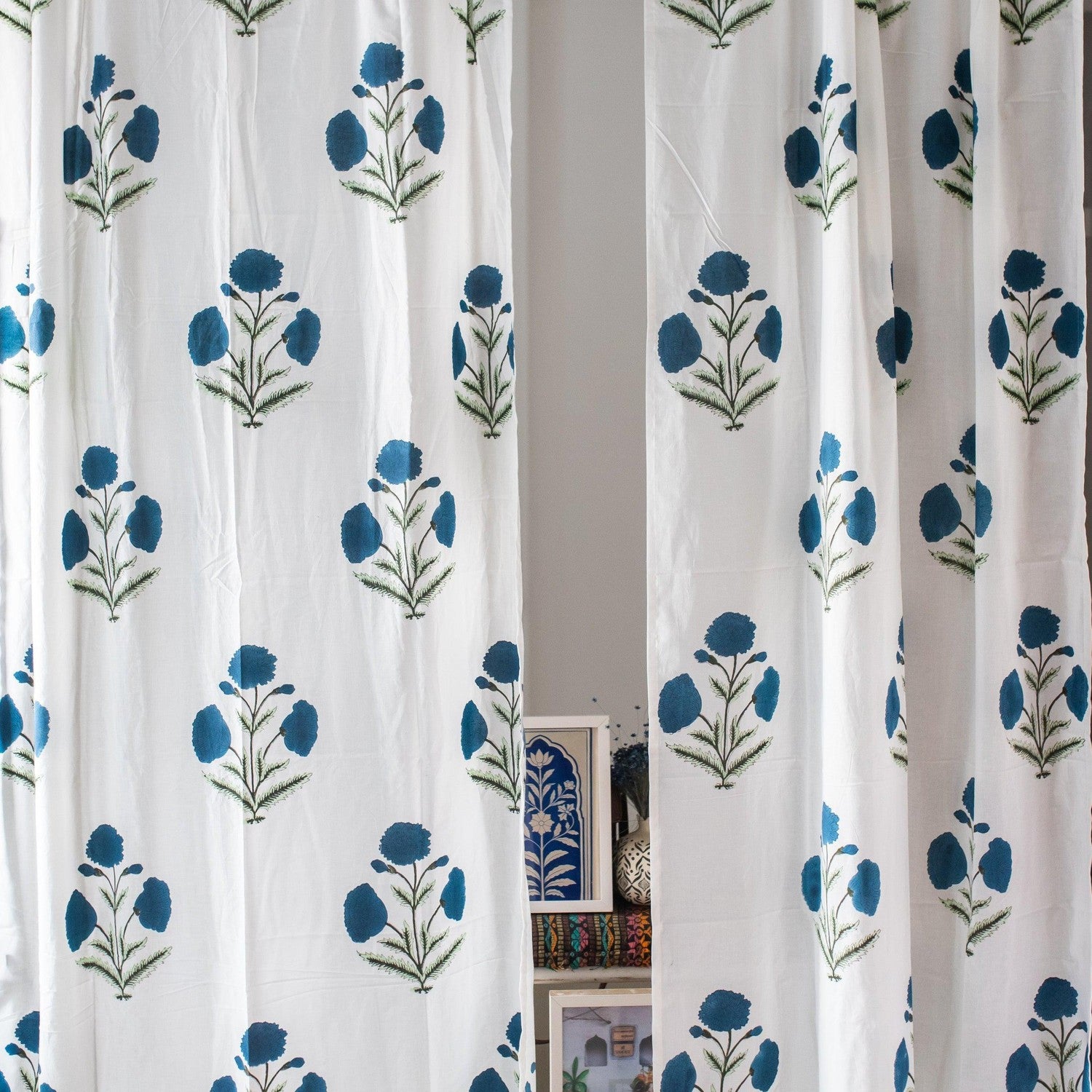 Poppy Hand Block Print Curtain for Home - Cotton - Blue - Door curtains ...