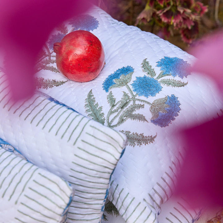Blue Poppy Hand Quilted Cushion Cover-Cushion Covers-House of Ekam