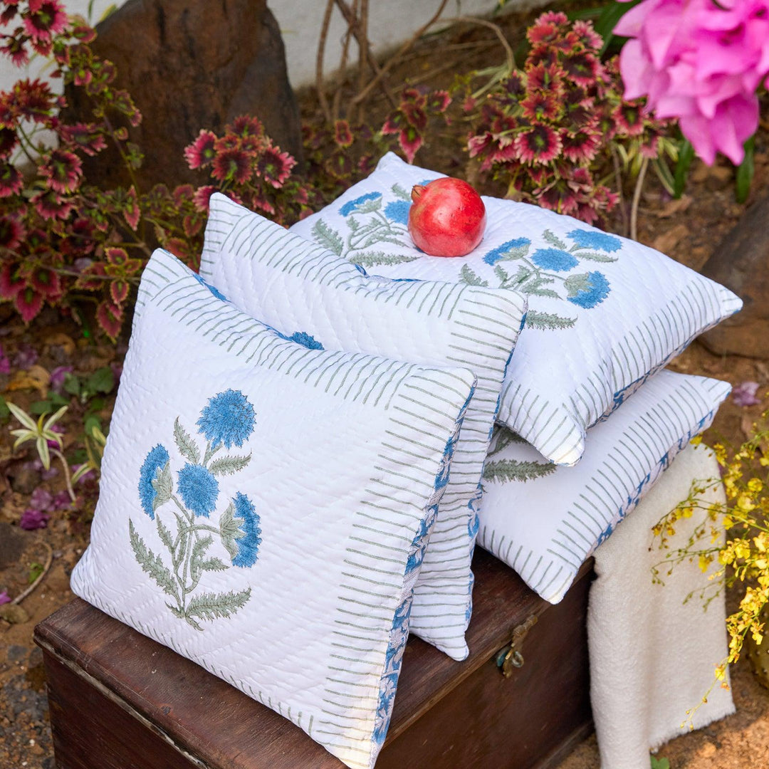 Blue Poppy Hand Quilted Cushion Cover-Cushion Covers-House of Ekam