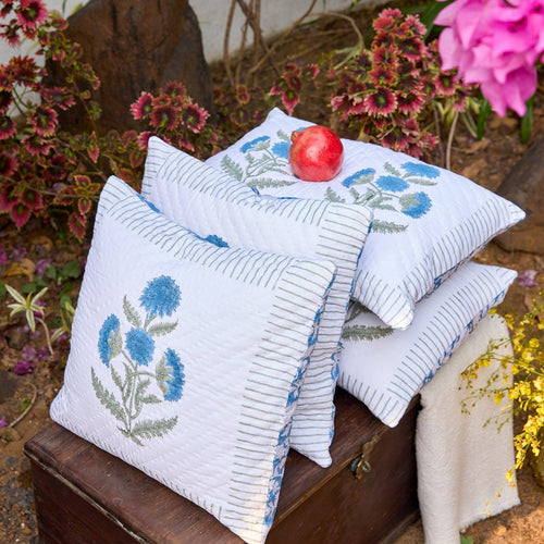 Blue Poppy Hand Quilted Cushion Cover-Cushion Covers-House of Ekam