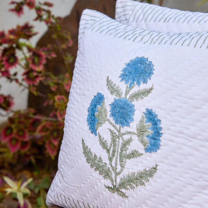 Blue Poppy Hand Quilted Cushion Cover-Cushion Covers-House of Ekam