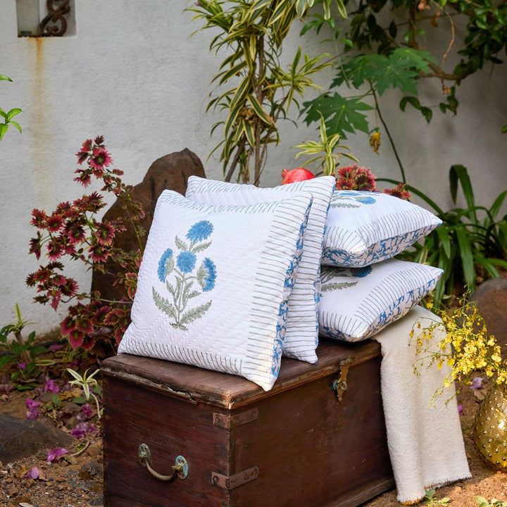 Blue Poppy Hand Quilted Cushion Cover-Cushion Covers-House of Ekam