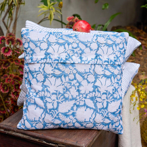 Blue Poppy Hand Quilted Cushion Cover-Cushion Covers-House of Ekam