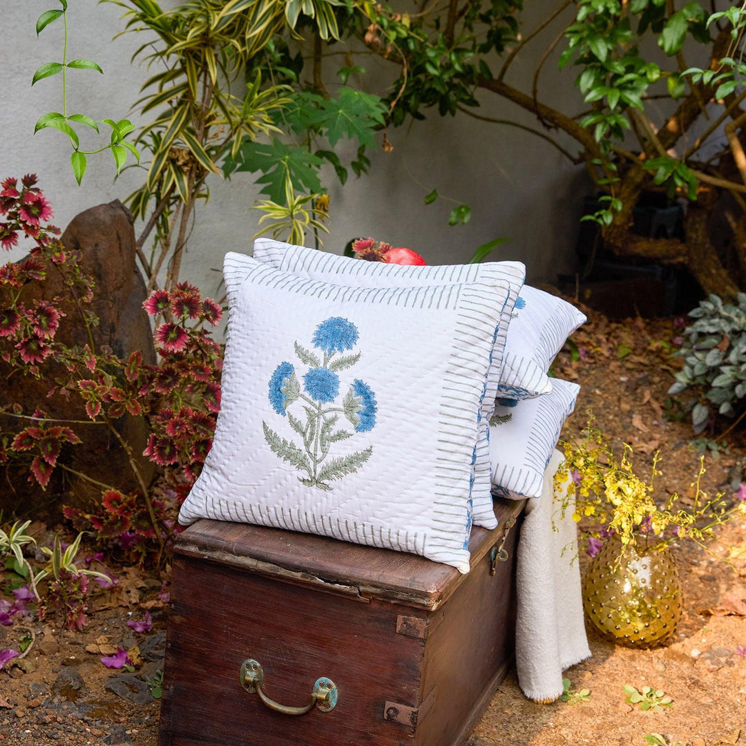 Blue Poppy Hand Quilted Cushion Cover-Cushion Covers-House of Ekam