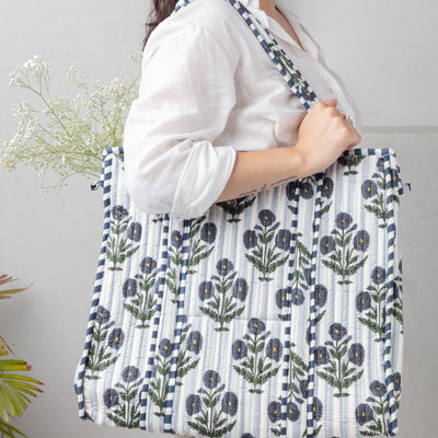 Blue Poppy Screenprinted Tote Bag-Tote Bag-House of Ekam