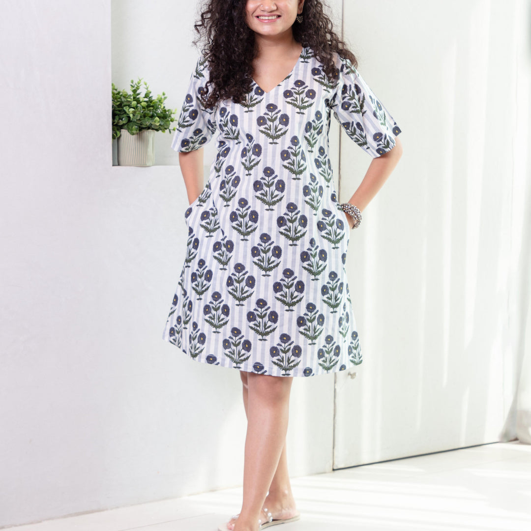 Blue Poppy Stripe Screenprinted Cotton Dress-Dresses-House of Ekam