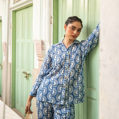 Blue Rainbow Dreams Blockprinted Loungewear Set-loungewear-House of Ekam