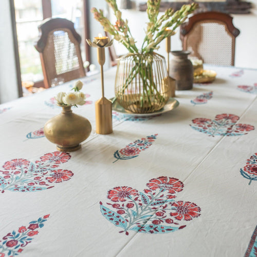 Blue & Red Cypress Poppy Table Cloth-Table Runners-House of Ekam