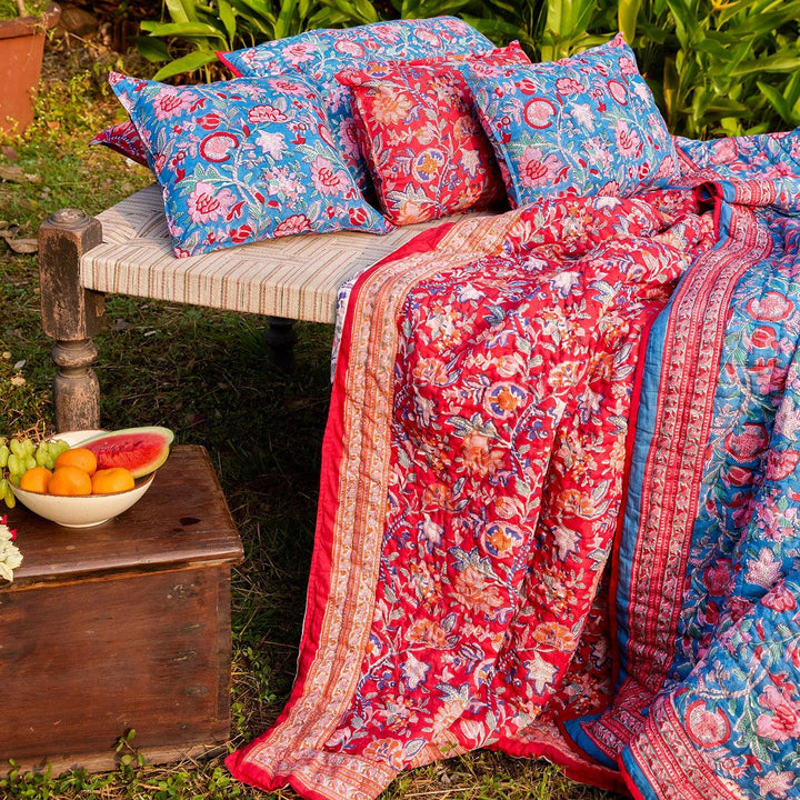 Blue &amp; Red Gulnaar Blockprint Double Bed Quilt-Quilt sets-House of Ekam