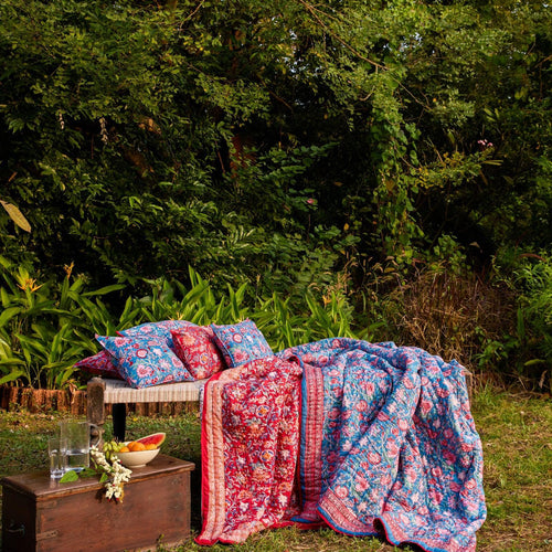 Blue & Red Gulnaar Blockprint Double Bed Quilt-Quilt sets-House of Ekam