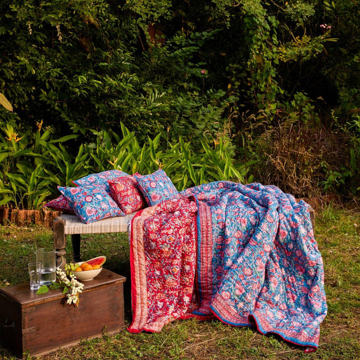 Blue &amp; Red Gulnaar Blockprint Double Bed Quilt-Quilt sets-House of Ekam