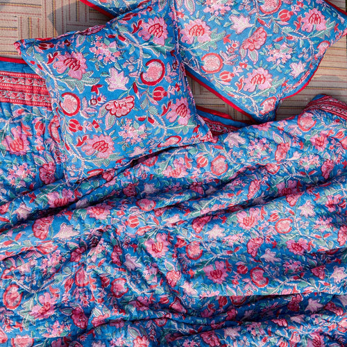 Blue & Red Gulnaar Blockprint Double Bed Quilt-Quilt sets-House of Ekam