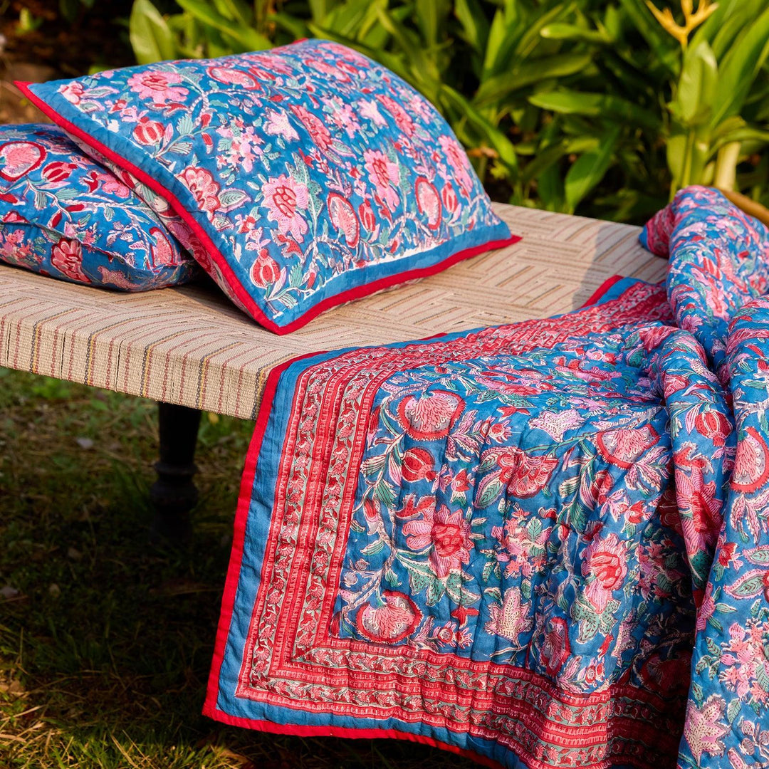 Blue &amp; Red Gulnaar Blockprint Double Bed Quilt-Quilt sets-House of Ekam