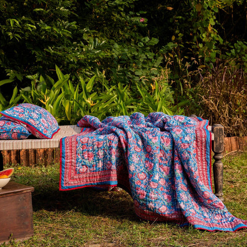 Blue & Red Gulnaar Blockprint Double Bed Quilt-Quilt sets-House of Ekam