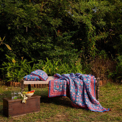 Blue & Red Gulnaar Blockprint Double Bed Quilt-Quilt sets-House of Ekam