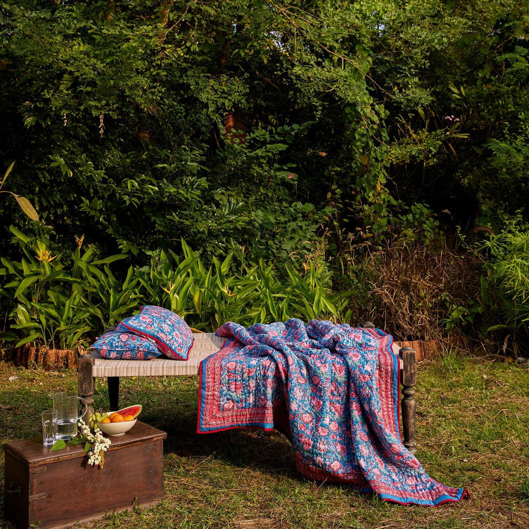 Blue &amp; Red Gulnaar Blockprint Double Bed Quilt-Quilt sets-House of Ekam