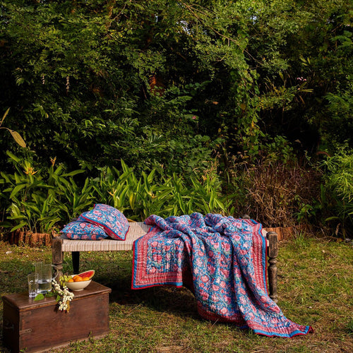 Blue & Red Gulnaar Blockprint Double Bed Quilt-Quilt sets-House of Ekam