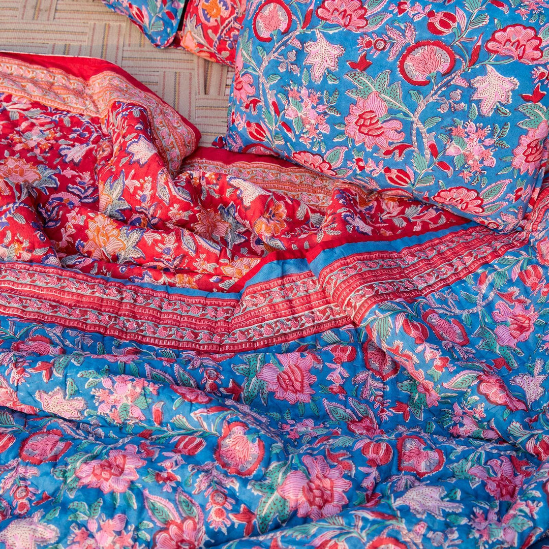 Blue &amp; Red Gulnaar Blockprint Double Bed Quilt-Quilt sets-House of Ekam