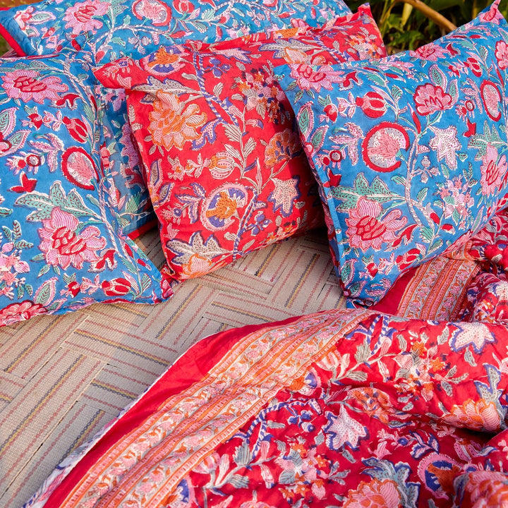 Blue &amp; Red Gulnaar Blockprint Double Bed Quilt-Quilt sets-House of Ekam